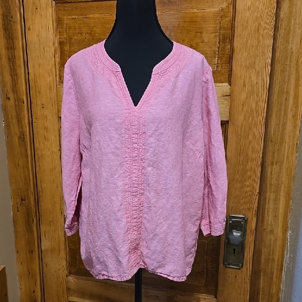 Liz Claiborne Coastal 3/4 Sleeve  Pink Linen Blend Pullover Top L